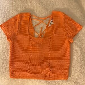 Chic Orange Knit Crop Top with Back Tie